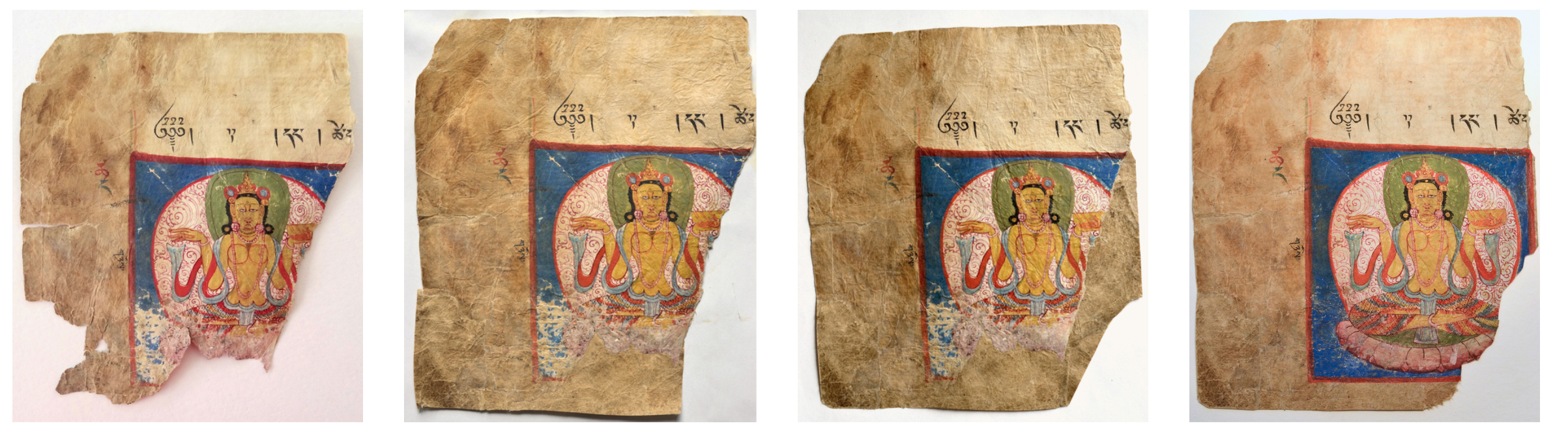 Fragmented Tibetan Buddhist miniature of Prajñāpāramitā throughout conservation.