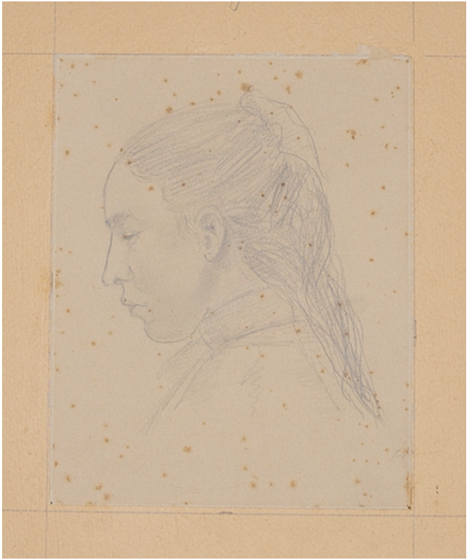 Charcoal sketch on paper of a woman in profile with foxing staining before conservation treatment by C.C-D Art Services.