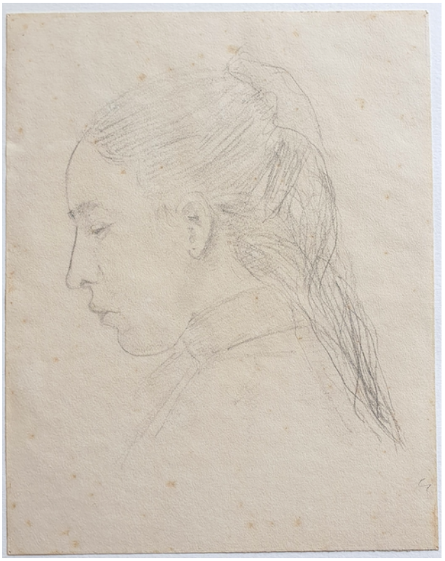 Charcoal sketch on paper  of a woman in profile after conservation treatment by C.C-D Art Services, treatment reduced foxing staining.