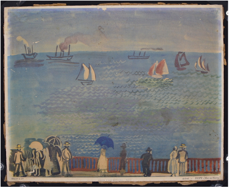 Offset lithograph reproduction of a Dufy's Mer au Havre, with mild discolouration and losses throughout the surface, before conservation by C.C-D Art Services.