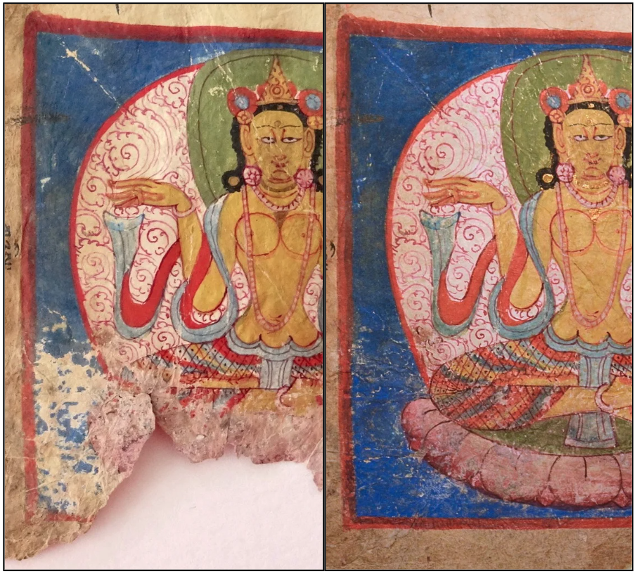 Fragmented Tibetan Buddhist miniature of Prajñāpāramitā before and after conservation.