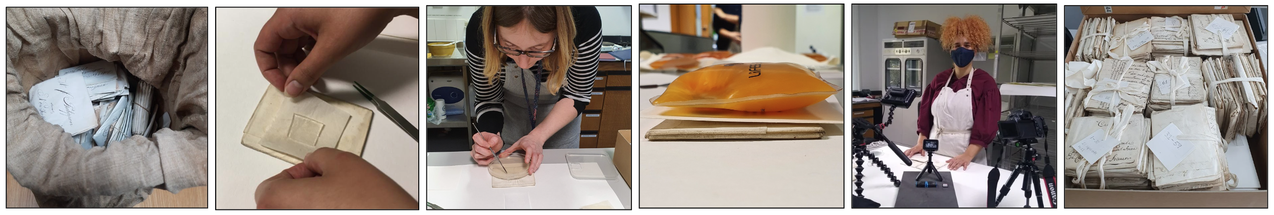 Left to right: A bag of unsorted closed letters; Laying an alpha amylase agar enzyme gel on a letter; Clothworworkers intern E. Skinner at work; A gel sandwich with a handwarmer to activate the enzyme; Camilla filming treatment with Oldenburg videographer Maria;  box of  opened letters.